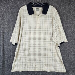 Haggar Golf Polo Shirt Men 2XL Cream Navy Plaid Cotton Short Sleeve Classic